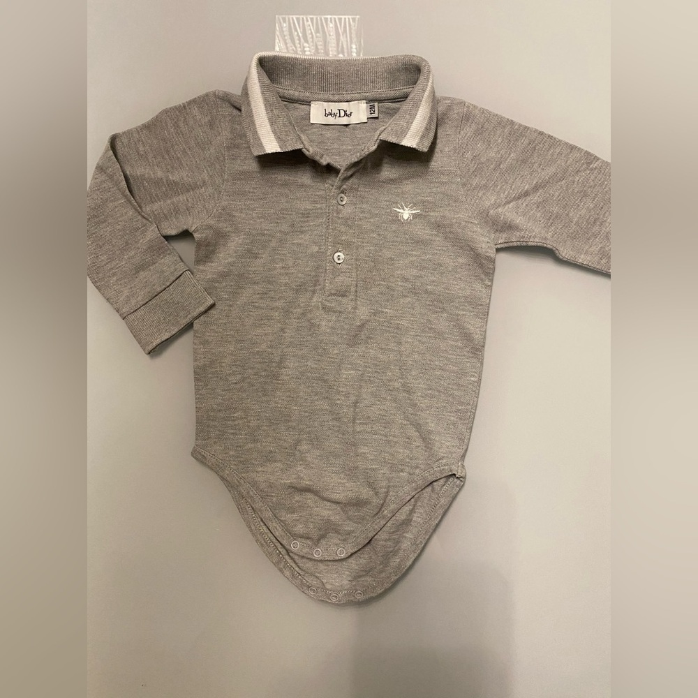 Baby Dior Grey Long Sleeve Polo Bodysuit - Size 12M